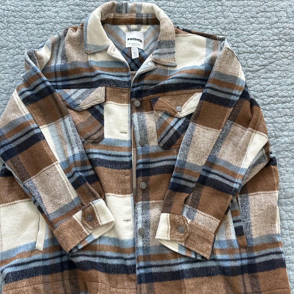 Women’s RSQ Plaid Jacket - Brown, Blue, Cream